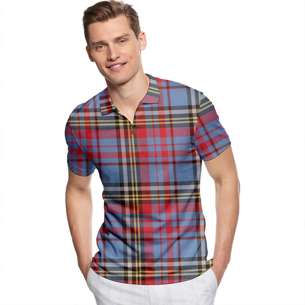 Anderson Blue Westwood Weathered Tartan Classic Lapel Zip Short Sleeve Polo