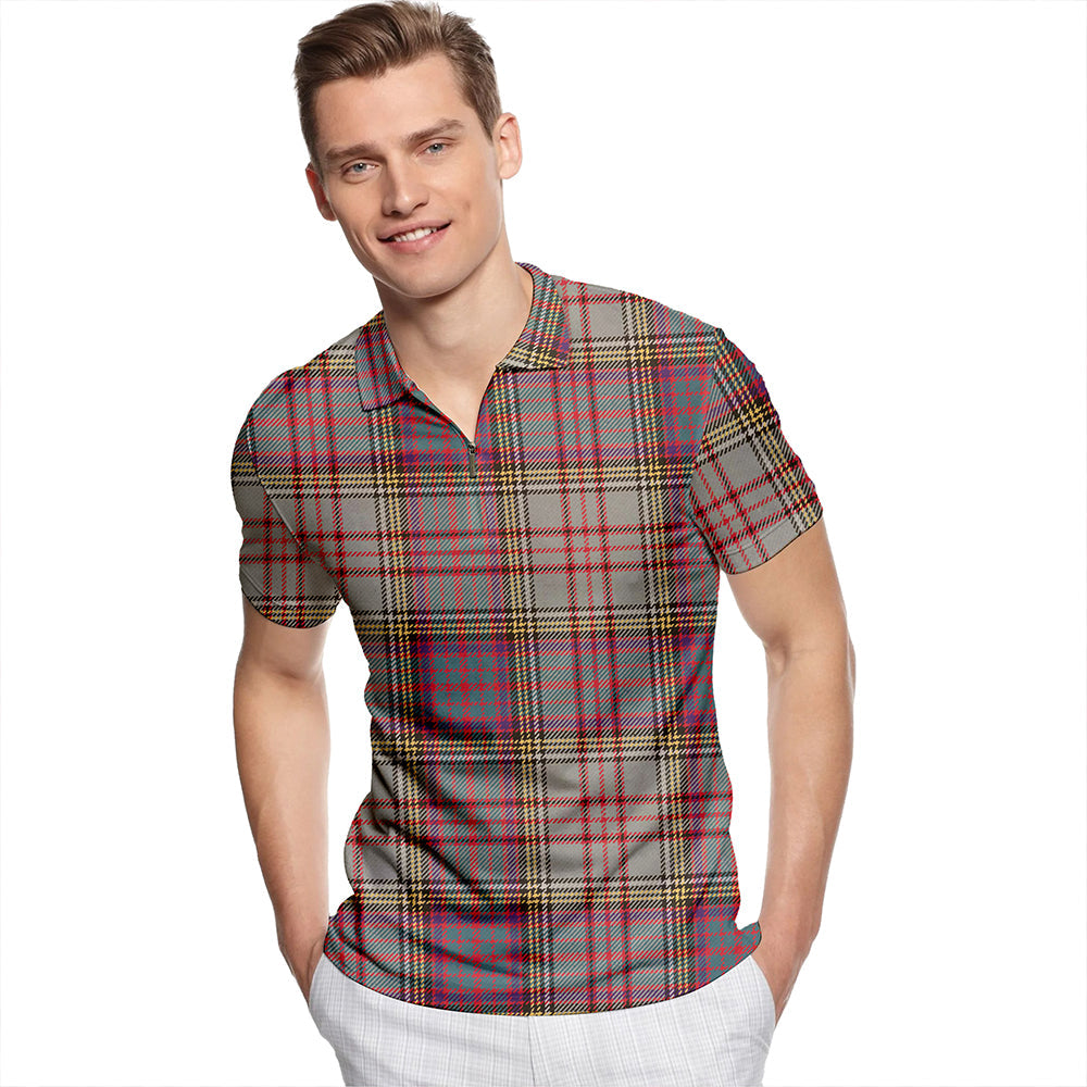 Anderson Grey Weathered Tartan Classic Lapel Zip Short Sleeve Polo