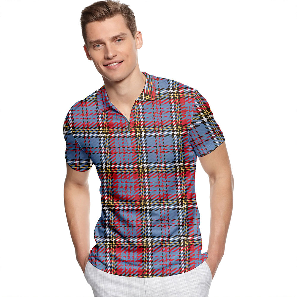 Anderson Red Weathered Tartan Classic Lapel Zip Short Sleeve Polo