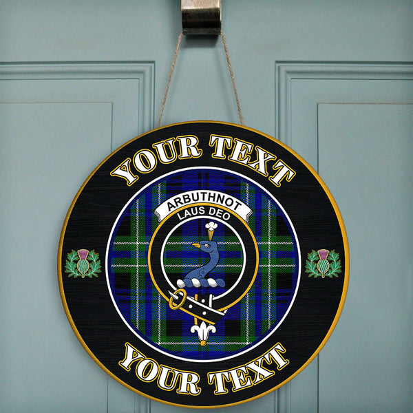 Arbuthnot Modern Tartan Crest Round Wooden Sign Thistle Memory Style