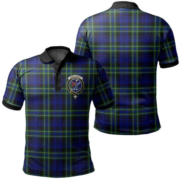 Arbuthnot Modern Tartan Crest Polo Shirt Black Neck 2 Style