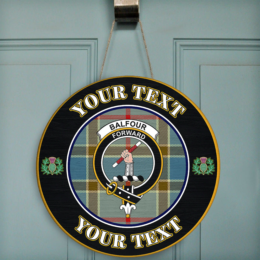 Balfour Blue Tartan Crest Round Wooden Sign Thistle Memory Style