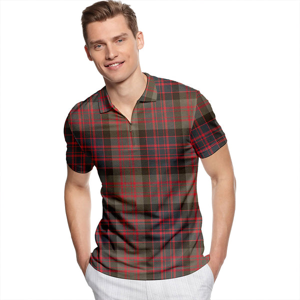 Bowie Black Weathered Tartan Classic Lapel Zip Short Sleeve Polo