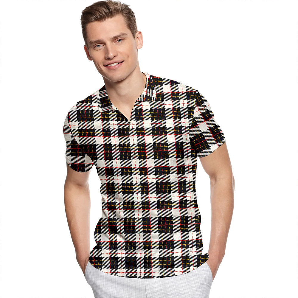 Brodie Black & White Tartan Classic Lapel Zip Short Sleeve Polo