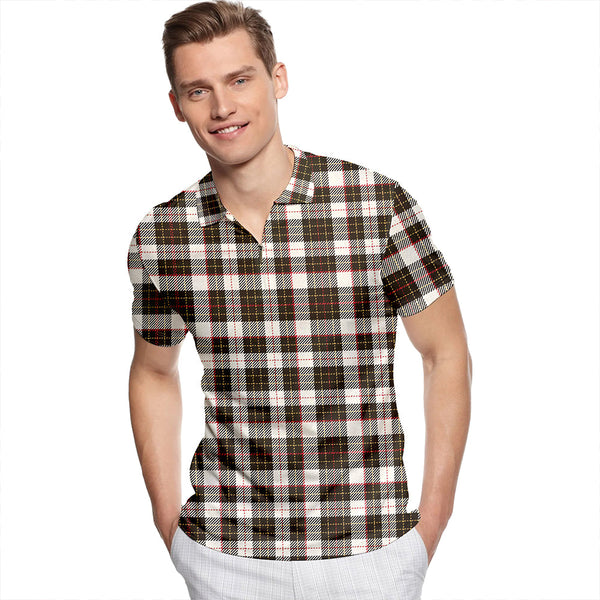 Brodie Black & White Weathered Tartan Classic Lapel Zip Short Sleeve Polo