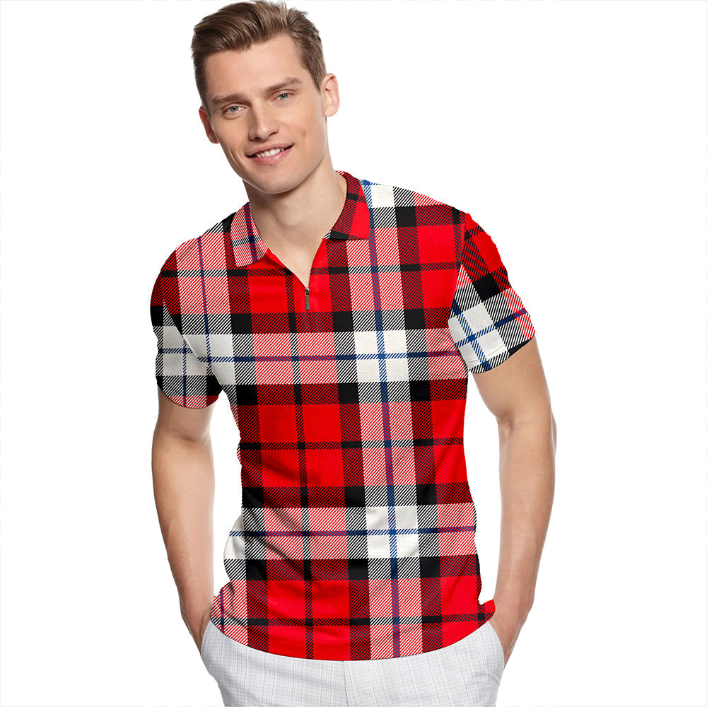 Brodie Dress Tartan Classic Lapel Zip Short Sleeve Polo