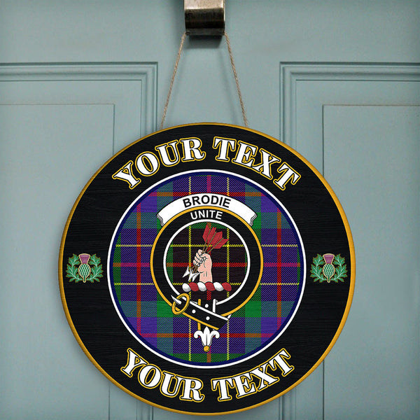 Brodie Hunting Modern Tartan Crest Round Wooden Sign Thistle Memory Style