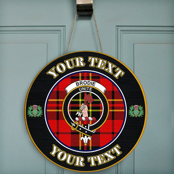 Brodie Modern Tartan Crest Round Wooden Sign Thistle Memory Style