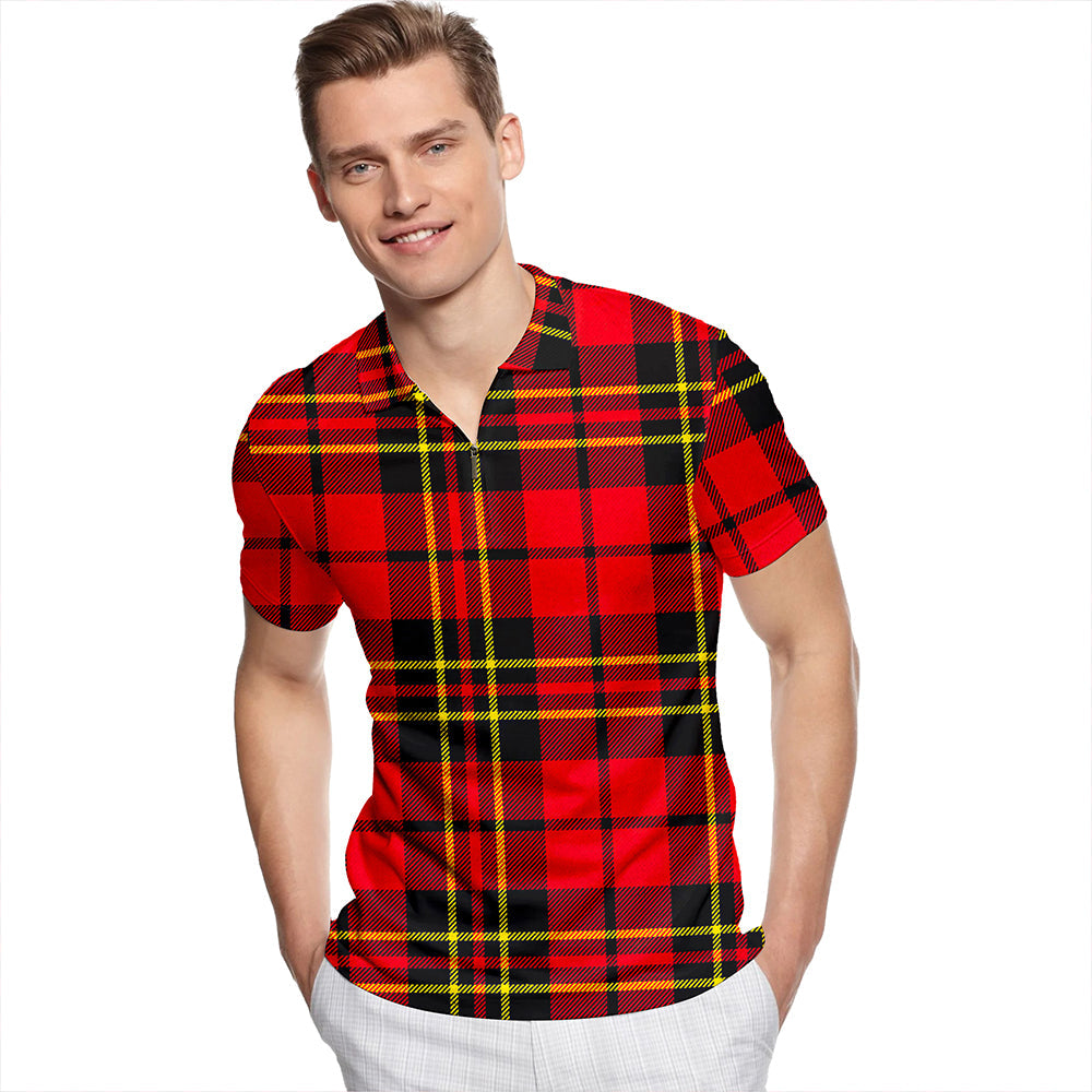 Brodie Red Modern Tartan Classic Lapel Zip Short Sleeve Polo