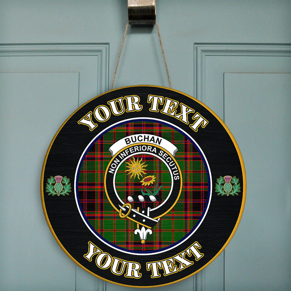 Buchan Modern Tartan Crest Round Wooden Sign Thistle Memory Style