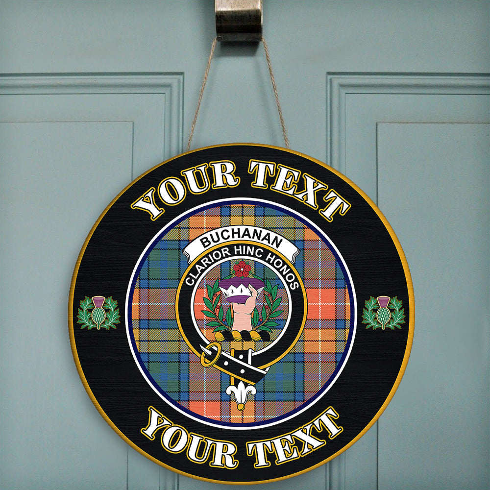 Buchanan Ancient Tartan Crest Round Wooden Sign Thistle Memory Style