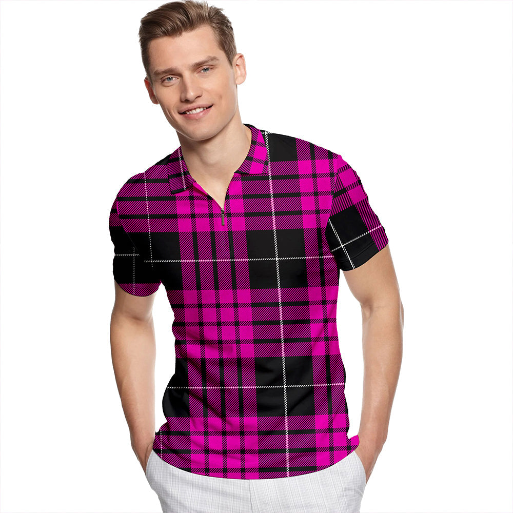 Buchanan Cerise #2 Special Modern Tartan Classic Lapel Zip Short Sleeve Polo