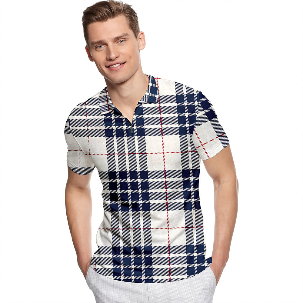 Buchanan Dress Dance Blue Tartan Classic Lapel Zip Short Sleeve Polo