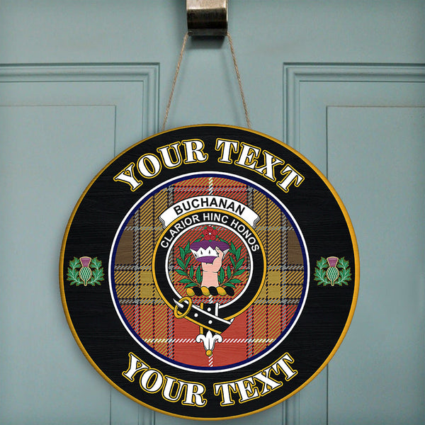 Buchanan Old Set Weathered Tartan Crest Round Wooden Sign Thistle Memory Style