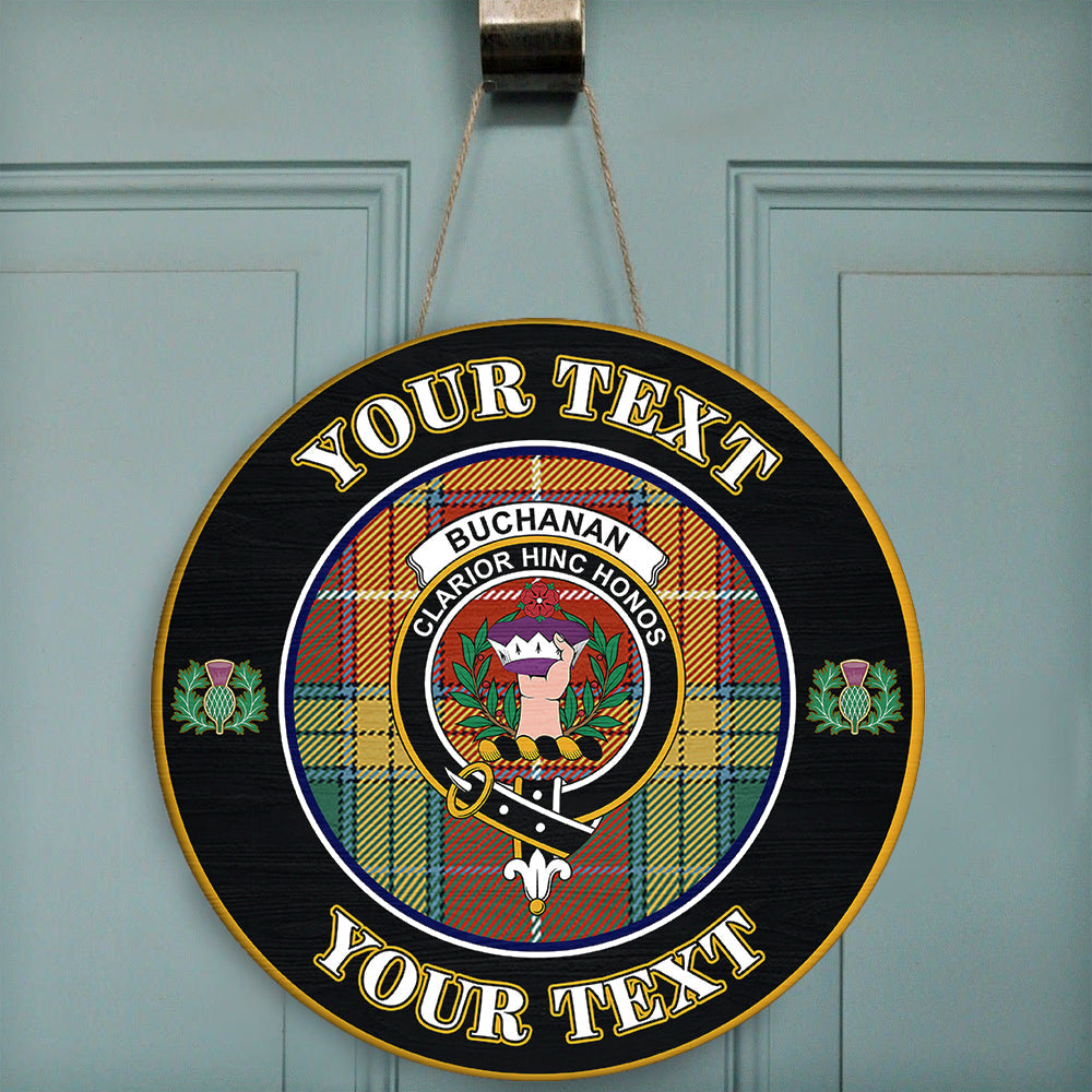 Buchanan Old Sett Tartan Crest Round Wooden Sign Thistle Memory Style