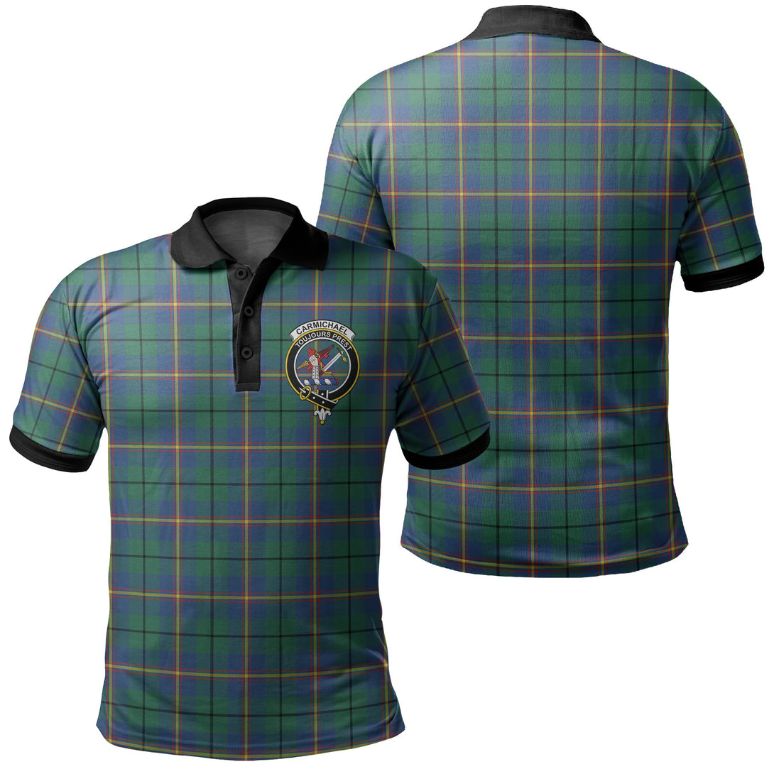 Carmichael Ancient Tartan Crest Polo Shirt Black Neck 2 Style