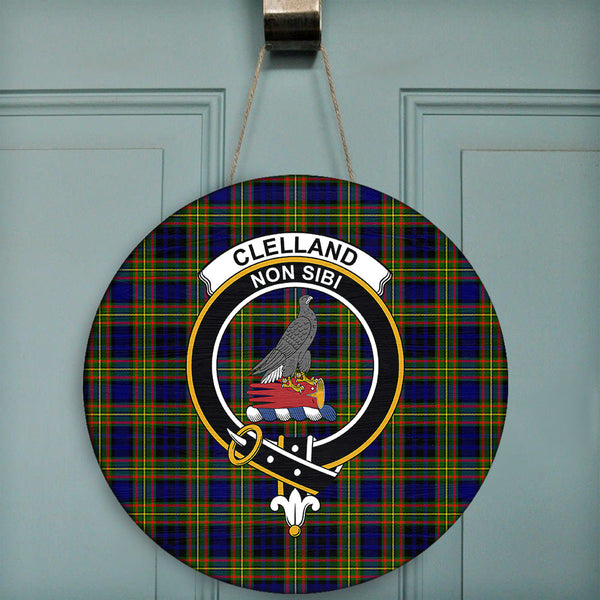 Clelland Modern Tartan Classic Crest Round Wooden Sign