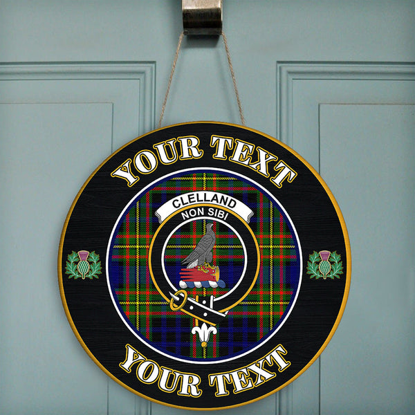 Clelland Modern Tartan Crest Round Wooden Sign Thistle Memory Style