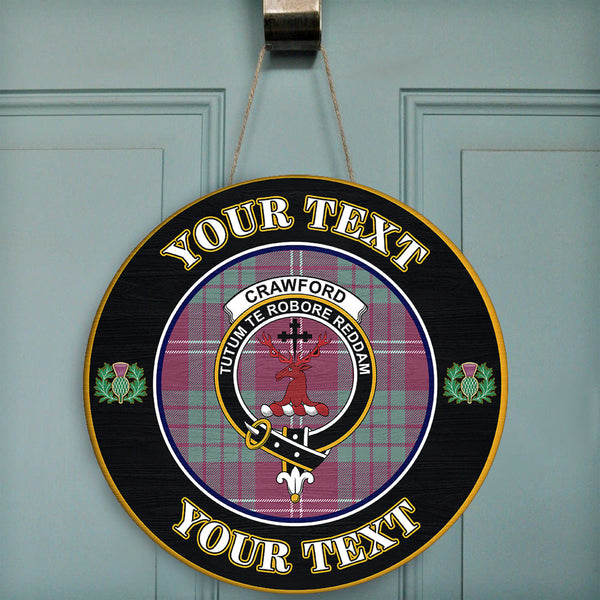 Crawford Ancient Tartan Crest Round Wooden Sign Thistle Memory Style