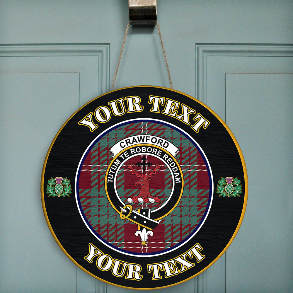 Crawford Modern Tartan Crest Round Wooden Sign Thistle Memory Style