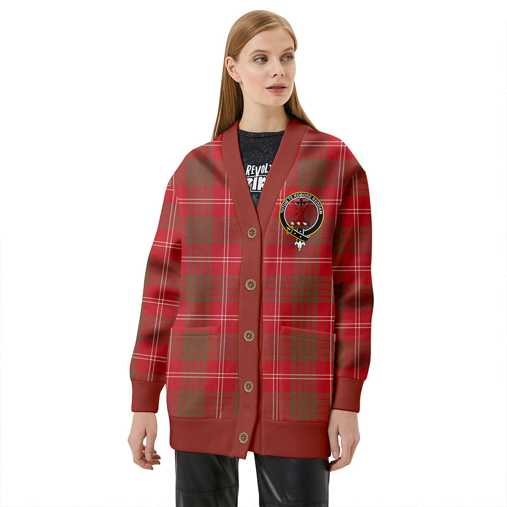 Crawford Red Weathered Clan Badge Tartan V-neck Cardigan