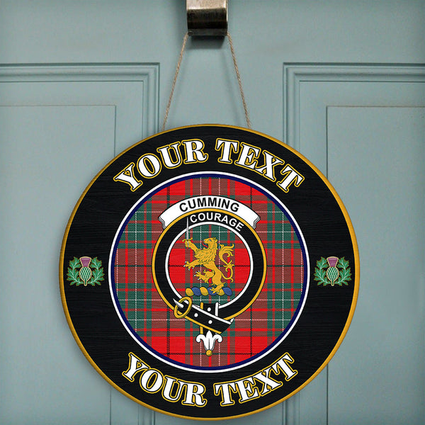 Cumming Modern Tartan Crest Round Wooden Sign Thistle Memory Style