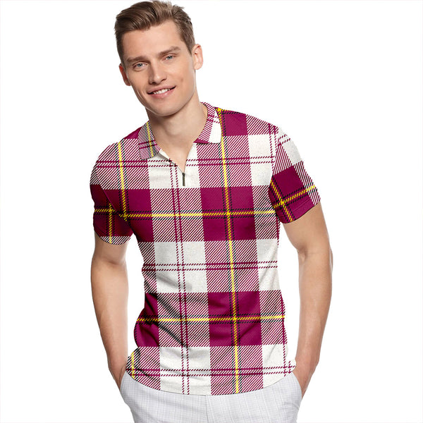 Cunningham Dress Burgundy Tartan Classic Lapel Zip Short Sleeve Polo