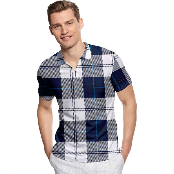 Cunningham Dress Dance Blue Tartan Classic Lapel Zip Short Sleeve Polo