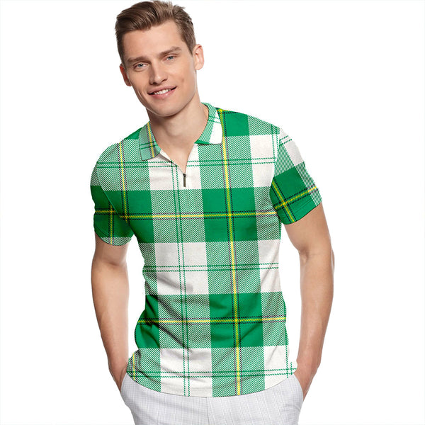 Cunningham Dress Green Tartan Classic Lapel Zip Short Sleeve Polo