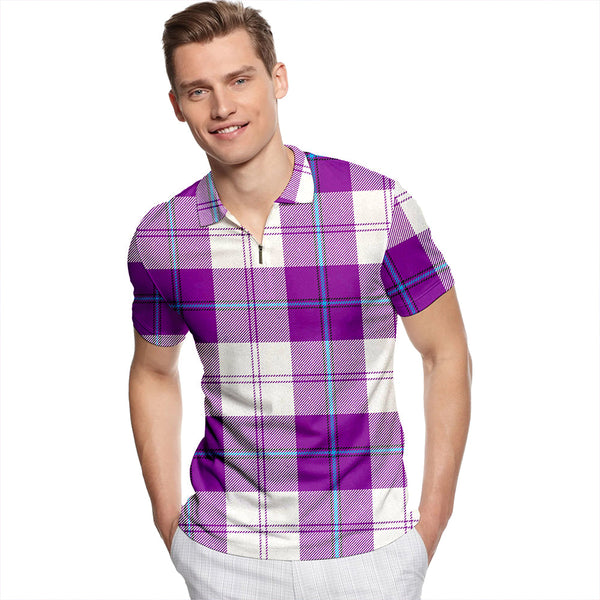 Cunningham Dress Purple Tartan Classic Lapel Zip Short Sleeve Polo