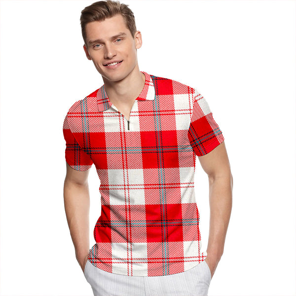 Cunningham Dress Red Tartan Classic Lapel Zip Short Sleeve Polo