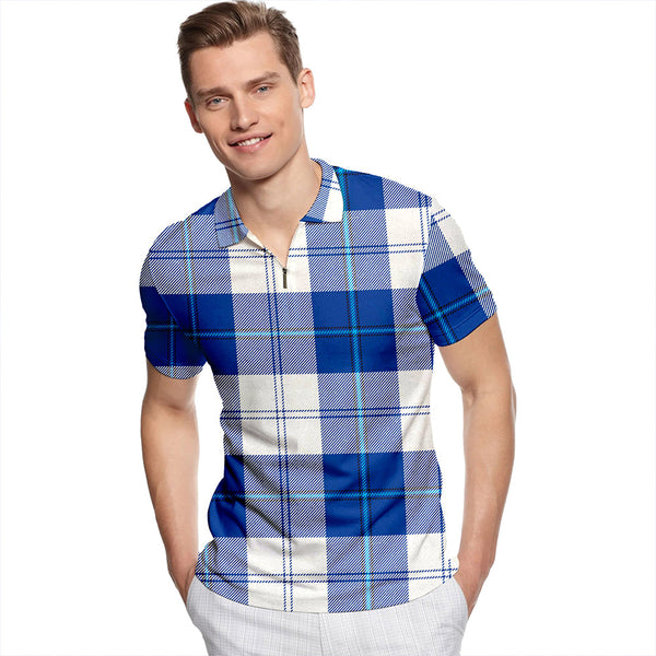 Cunningham Dress Royal Blue Tartan Classic Lapel Zip Short Sleeve Polo