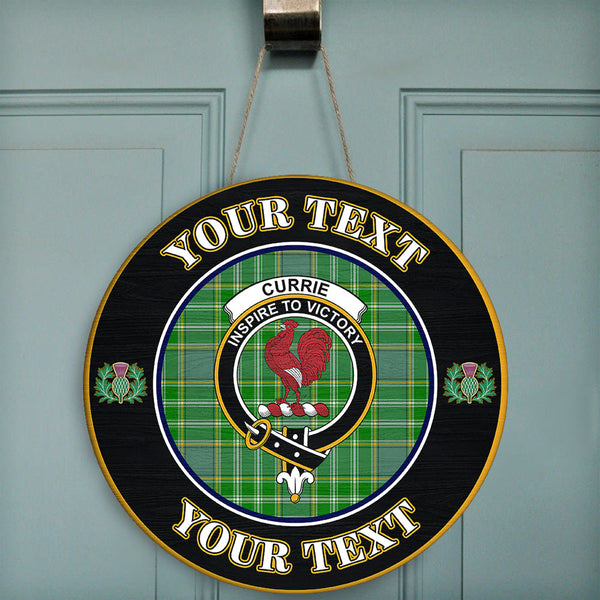 Currie Tartan Crest Round Wooden Sign Thistle Memory Style