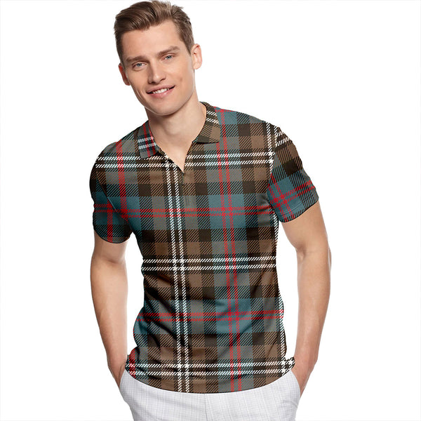 Davidson Double Weathered Tartan Classic Lapel Zip Short Sleeve Polo