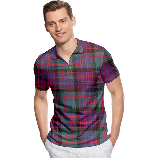 Denovan Weathered Tartan Classic Lapel Zip Short Sleeve Polo