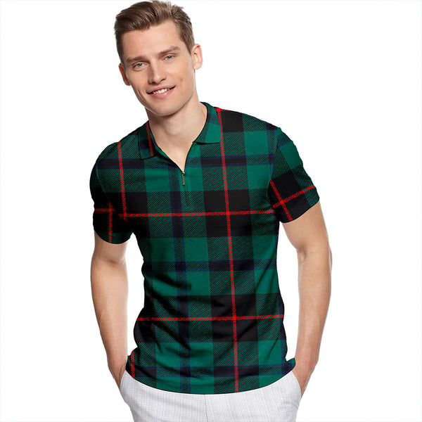 Douglas Black Modern Tartan Classic Lapel Zip Short Sleeve Polo