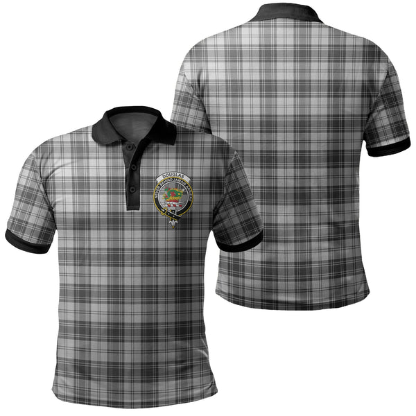 Douglas Grey Modern Tartan Crest Polo Shirt Black Neck 2 Style