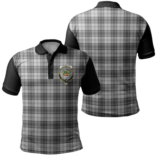 Douglas Grey Modern Tartan Crest Polo Shirt Black Neck 1 Style