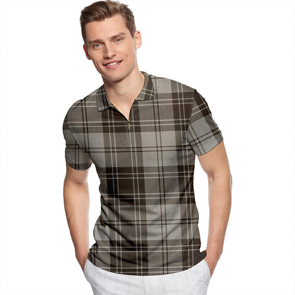 Douglas Grey Weathered Tartan Classic Lapel Zip Short Sleeve Polo