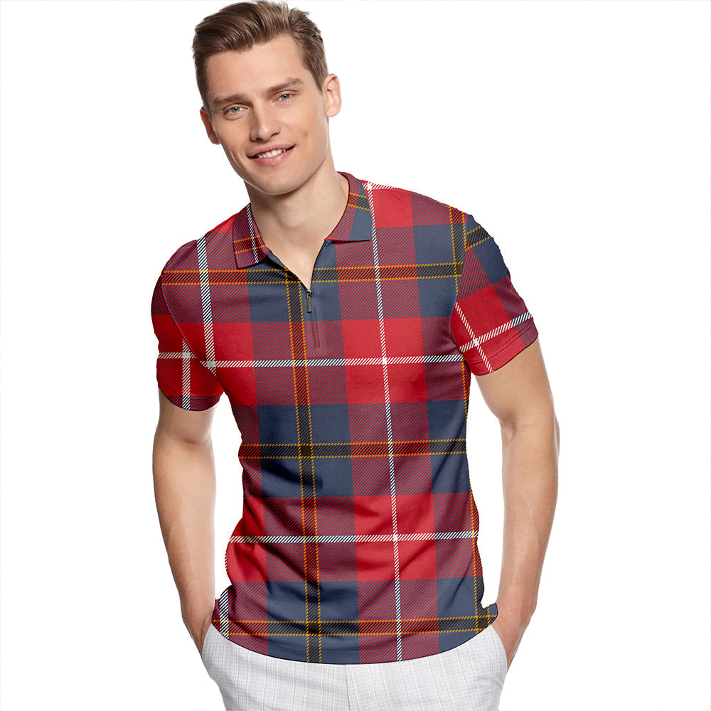 Douglas Red Weathered Tartan Classic Lapel Zip Short Sleeve Polo