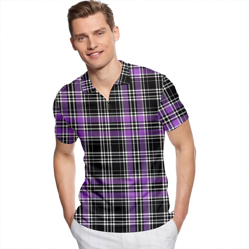 Drummond Clans Originaux Purple Ancient Tartan Classic Lapel Zip Short Sleeve Polo