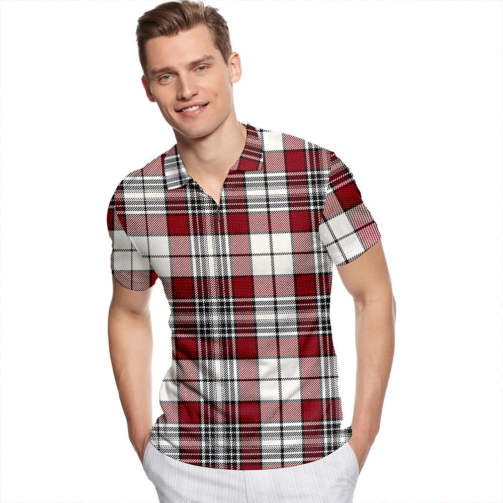 Dunbar Plaid Tartan Classic Lapel Zip Short Sleeve Polo