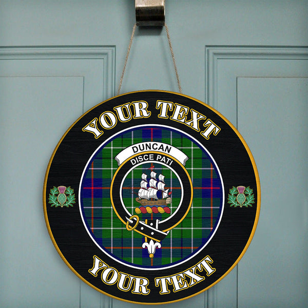 Duncan Modern Tartan Crest Round Wooden Sign Thistle Memory Style