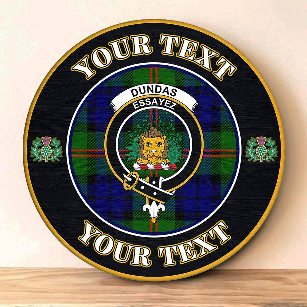 Dundas Modern Tartan Crest Round Wooden Sign Thistle Memory Style