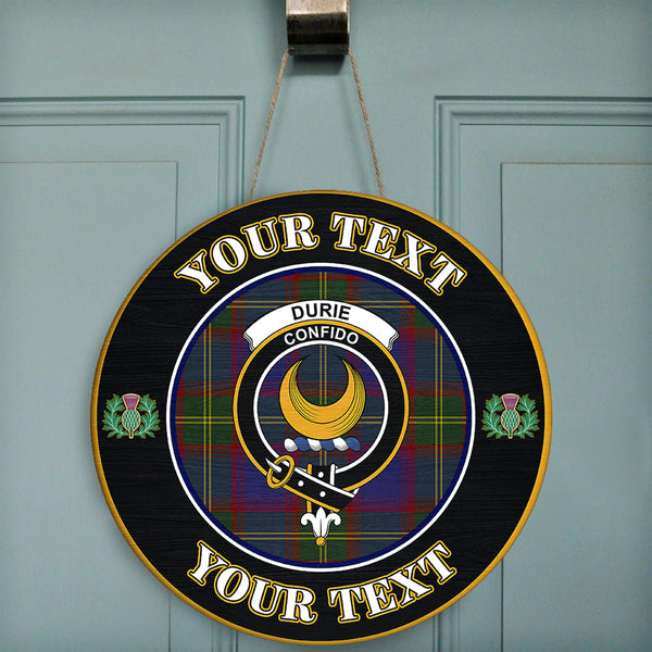 Durie Tartan Crest Round Wooden Sign Thistle Memory Style