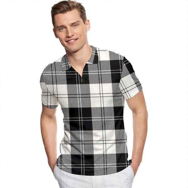 Erskine Black & White Tartan Classic Lapel Zip Short Sleeve Polo