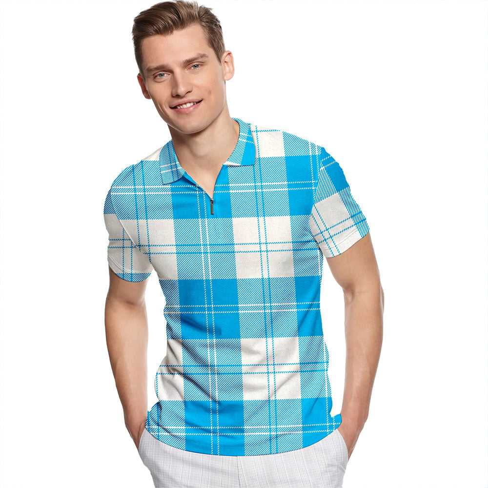 Erskine Blue Tartan Classic Lapel Zip Short Sleeve Polo