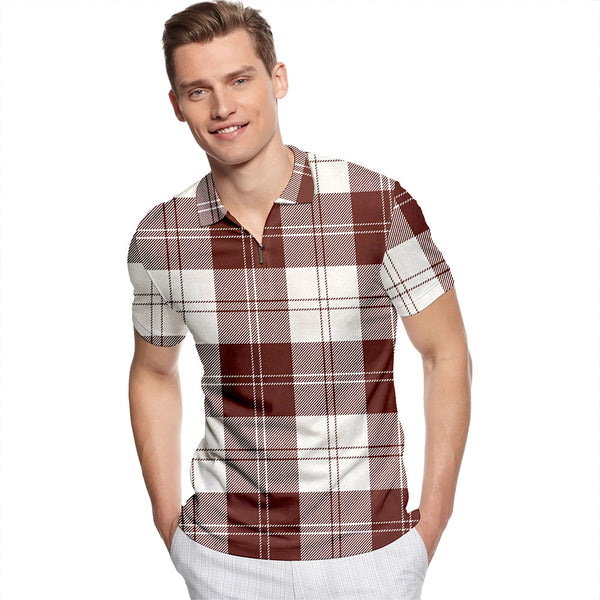 Erskine Burgundy Tartan Classic Lapel Zip Short Sleeve Polo