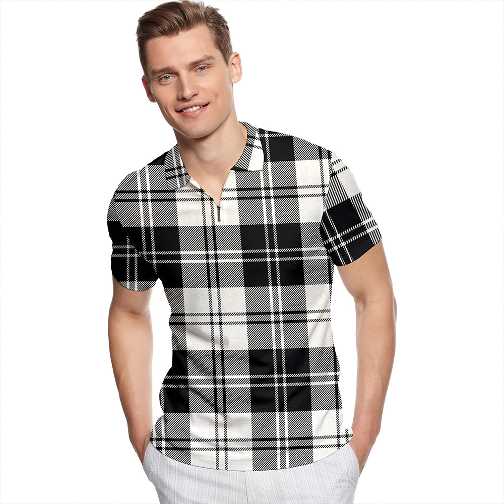 Erskine Dress Dance Black Tartan Classic Lapel Zip Short Sleeve Polo