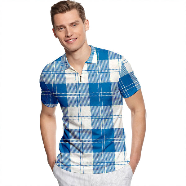 Erskine Dress Dance Blue Ancient Tartan Classic Lapel Zip Short Sleeve Polo